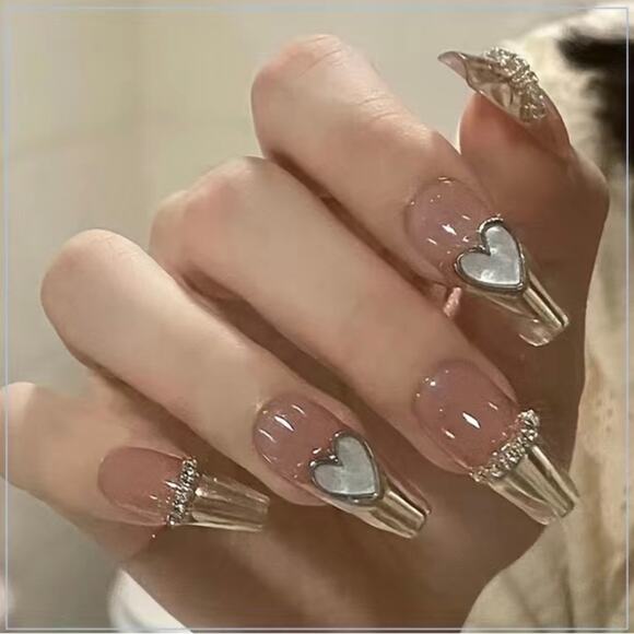 Bling Brown Gold Press On Nails 25 Pc Heart Charm Rhinestones Coffin Medium - Picture 1 of 3